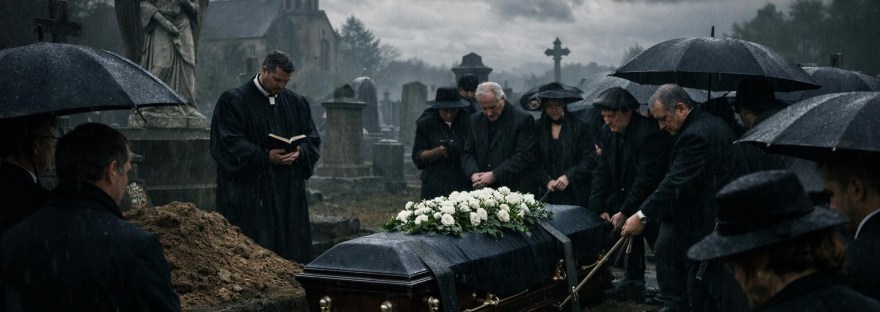 Moody overcast cemetery funeral cinematic photorealistic