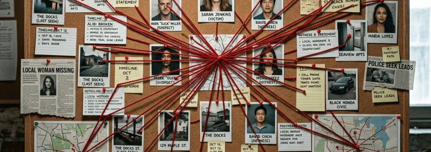 Detective investigation board with photos and red string