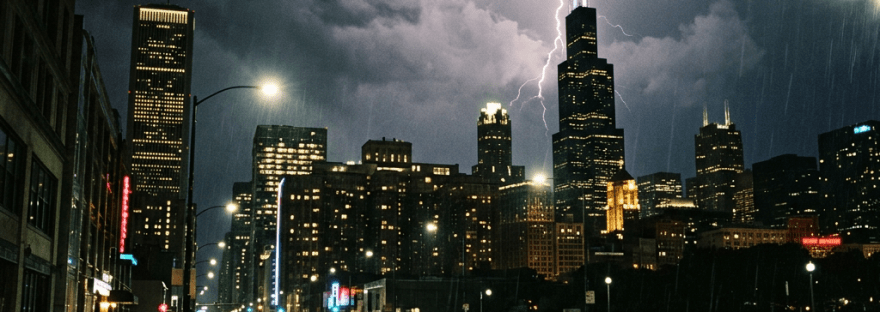 Lightening bolt striking behind tall skyscrapers under dark stormy clouds at night