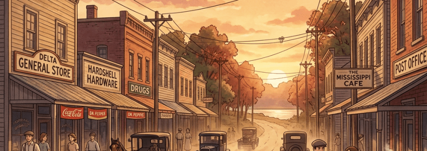 Vintage small town main street with shops, classic cars, horse carriage, and people at sunset