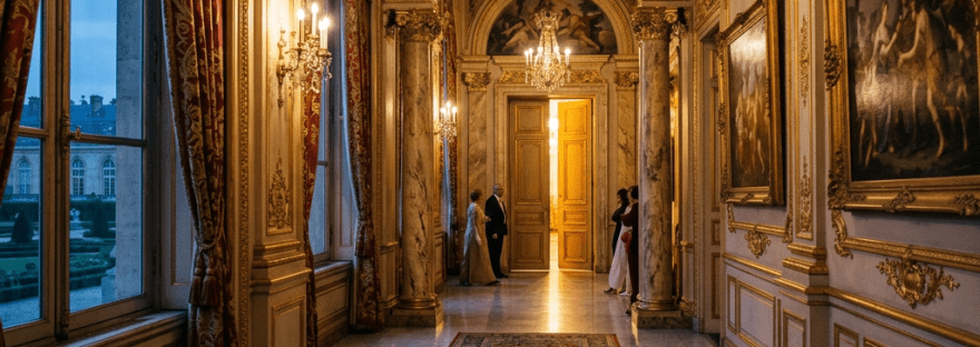 Luxurious palace hallway with chandeliers, wall paintings, and ornate decorations