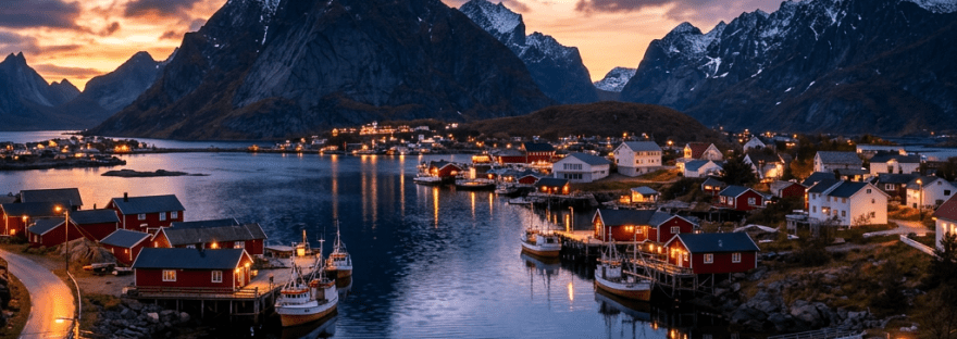 Coastal fishing village and boats beneath rugged mountains at sunset