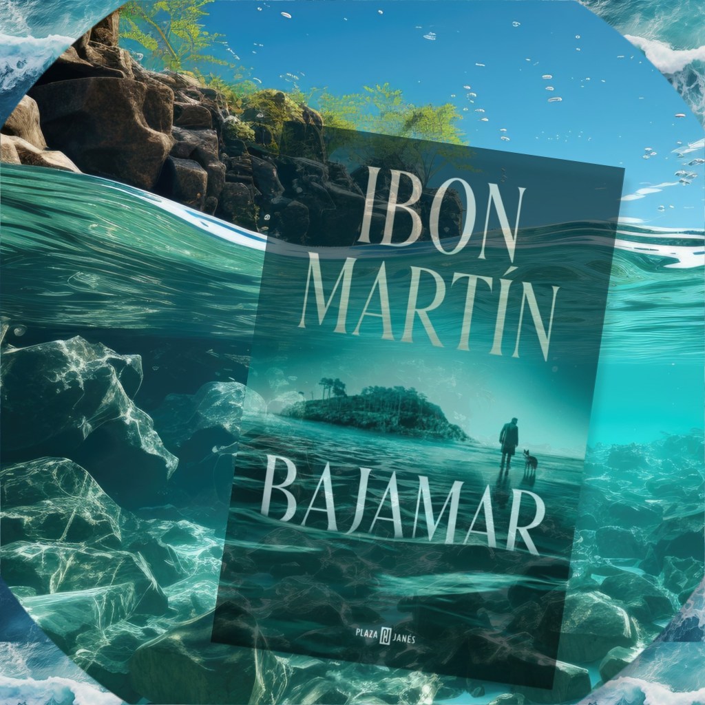 Portada del libro 'Bajamar' de Ibon Martín, con un paisaje submarino que muestra rocas y agua clara, y un fondo que incluye una isla con un hombre y un perro.