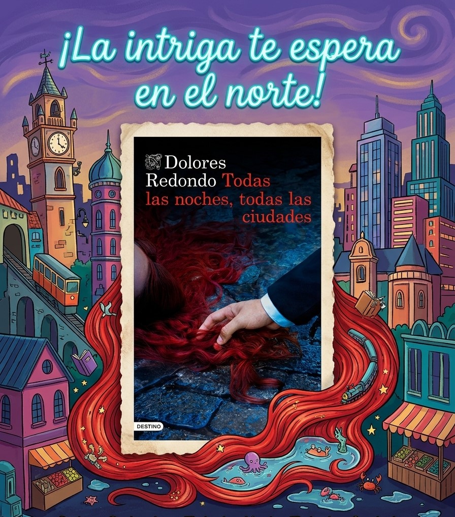 Portada del libro 'Todas las noches, todas las ciudades' de Dolores Redondo, con un fondo ilustrado de ciudades y elementos marinos, destacando una mano sobre una melena roja.