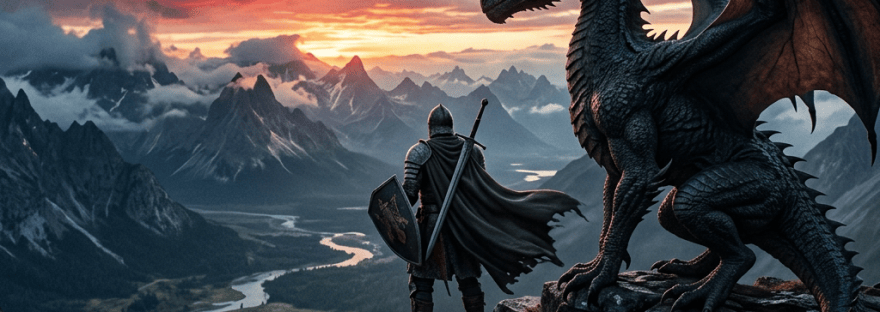 Armored warrior facing a dragon above a mountain valley at sunset