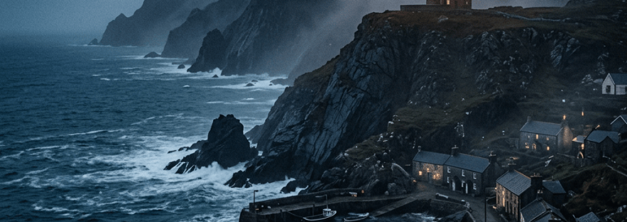 Glowing lighthouse above a rugged coastal village and crashing ocean waves