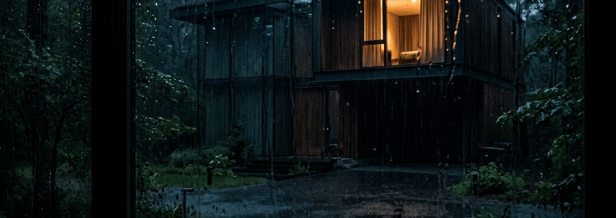 Modern forest house viewed through a rain-covered window at dusk